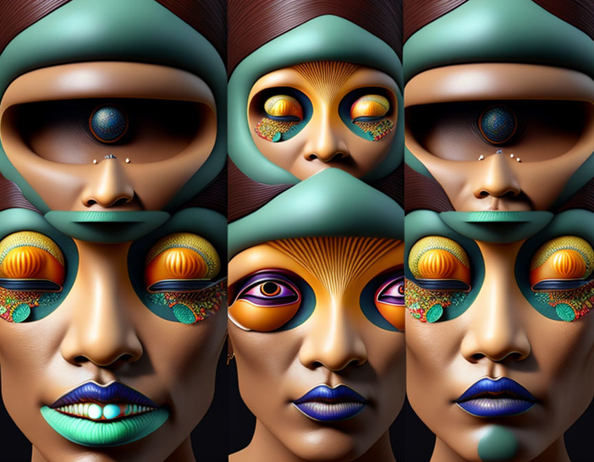 Colorful Makeup Faces in 2x3 Grid on Black Background