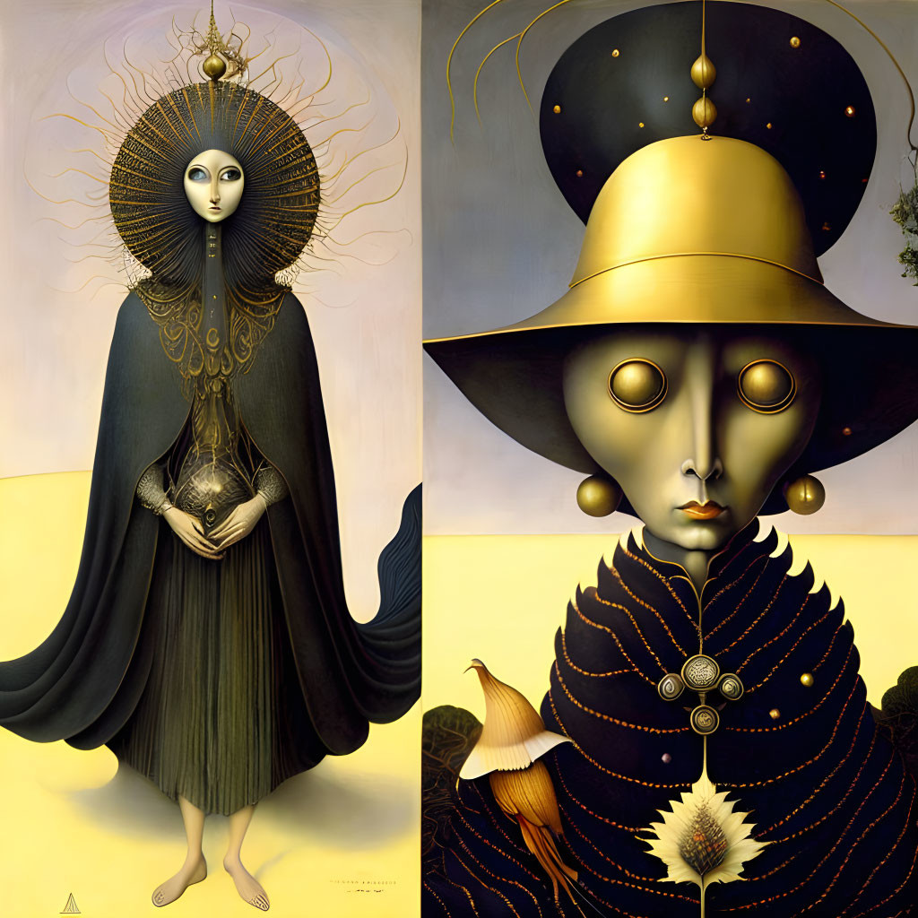 Surreal portraits: Figure with sun halo and egg; figure in hat with autumn leaf.