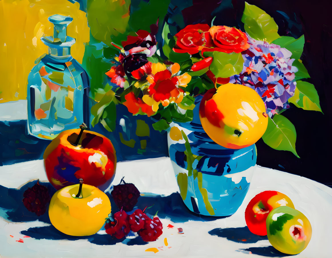 Colorful Flowers, Apples, and Berries in Blue Vase Still Life Painting