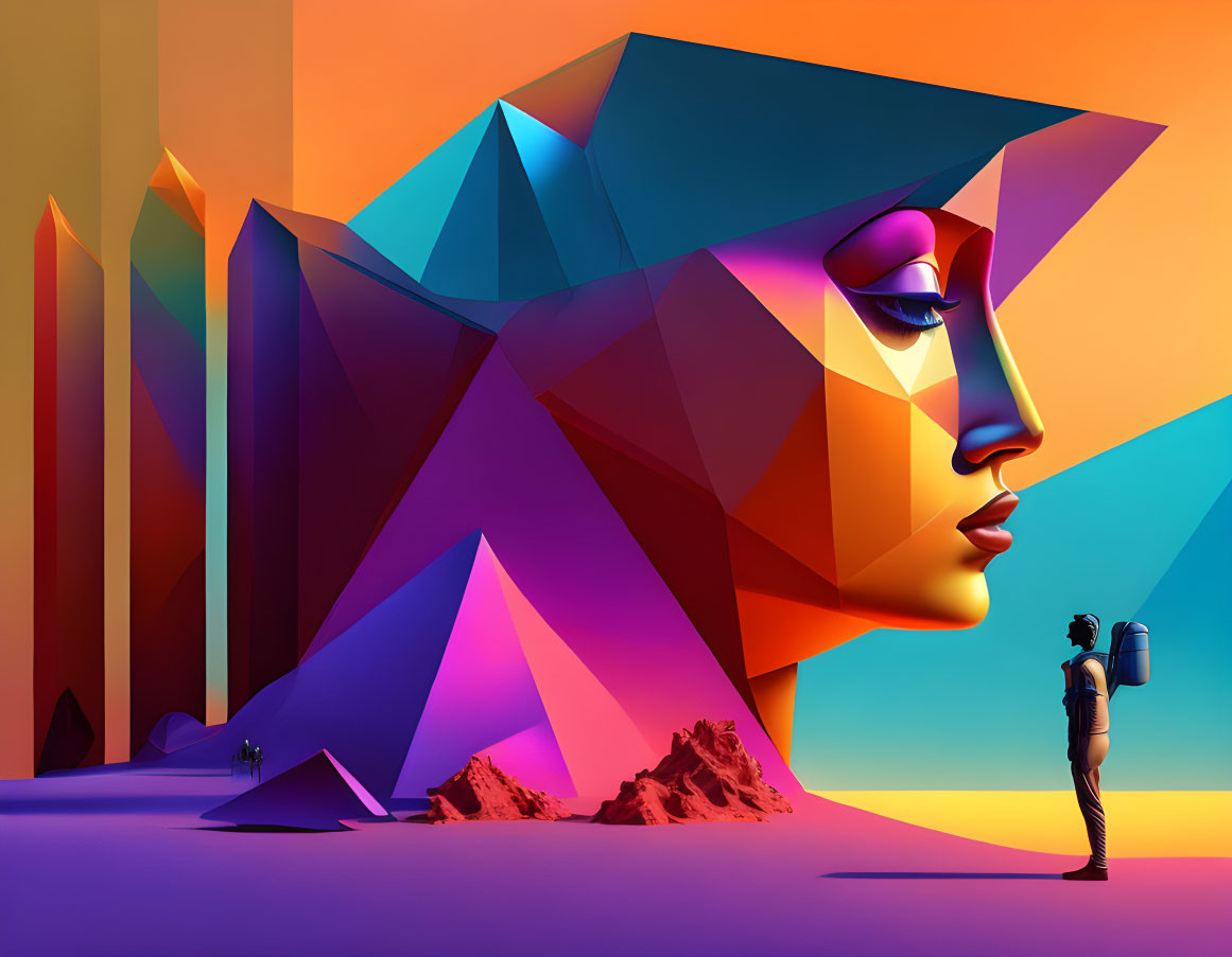 Colorful digital artwork: Woman's profile and astronaut in surreal landscape