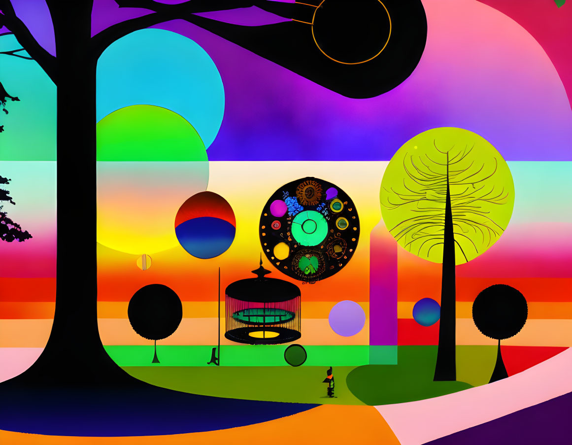 Vibrant abstract landscape with geometric shapes and trees