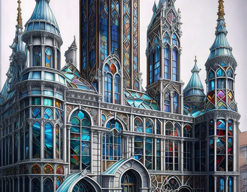 Fantastical building with blue spires and Gothic architecture