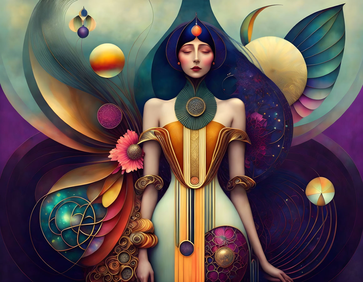 Cosmic-themed digital artwork featuring serene female figure