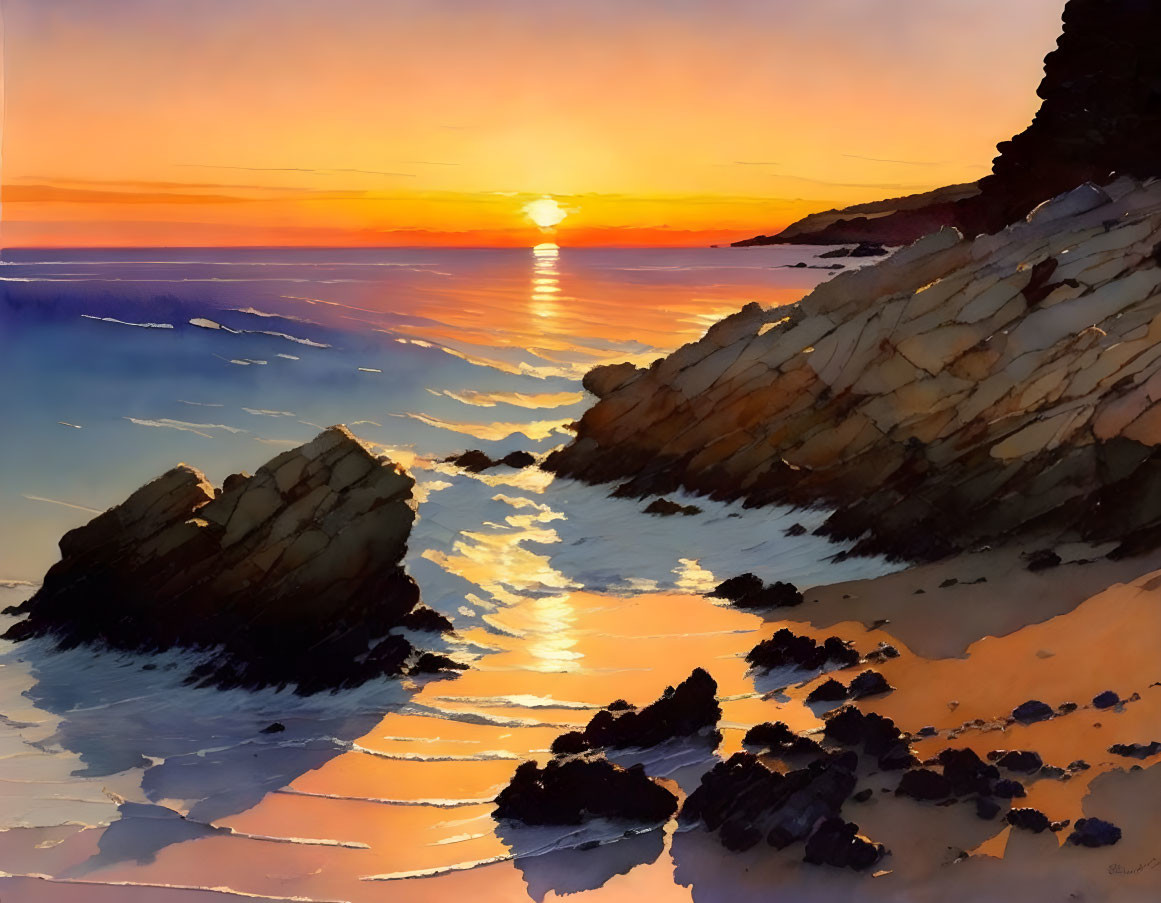 Vivid orange and blue sunset over rocky coastline