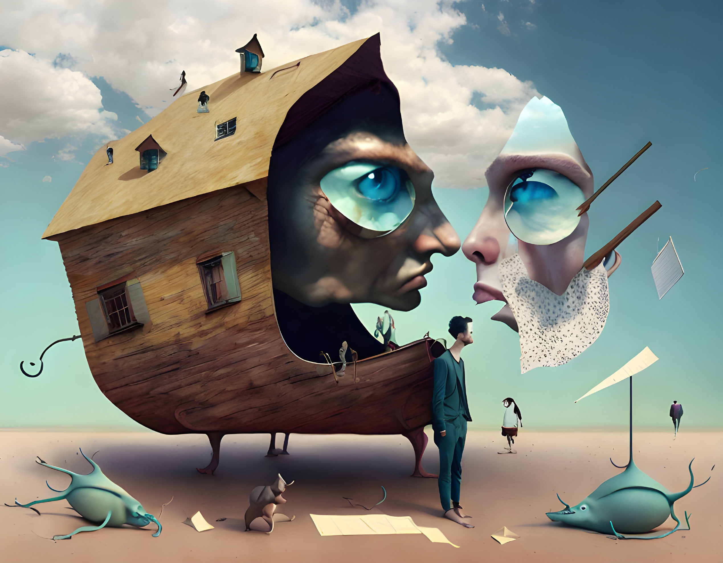 Surreal illustration: houseboat with faces, figures, fish with legs, whimsical sky