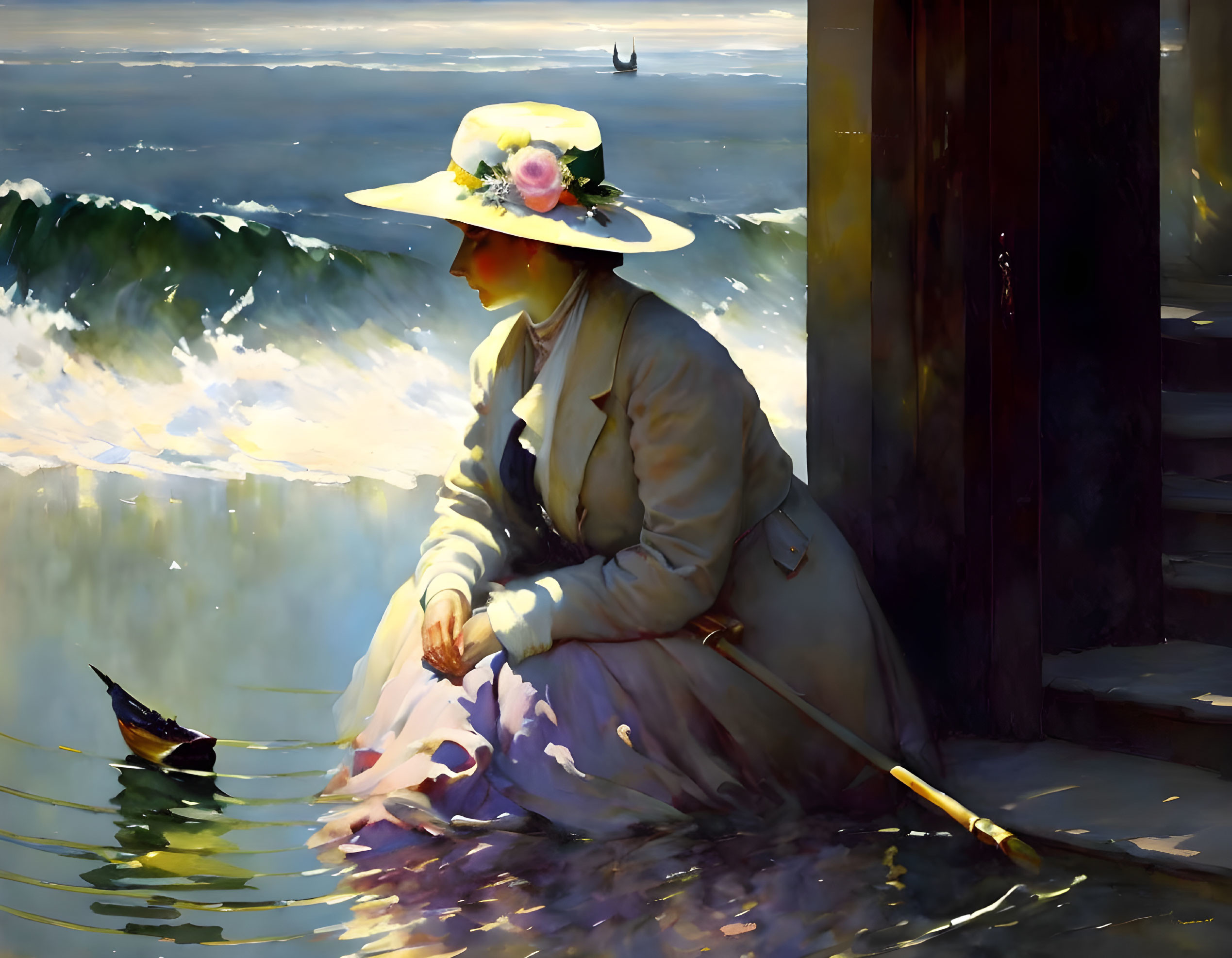 Woman in early 20th-century dress and hat sitting by the sea with bird and sunlight.