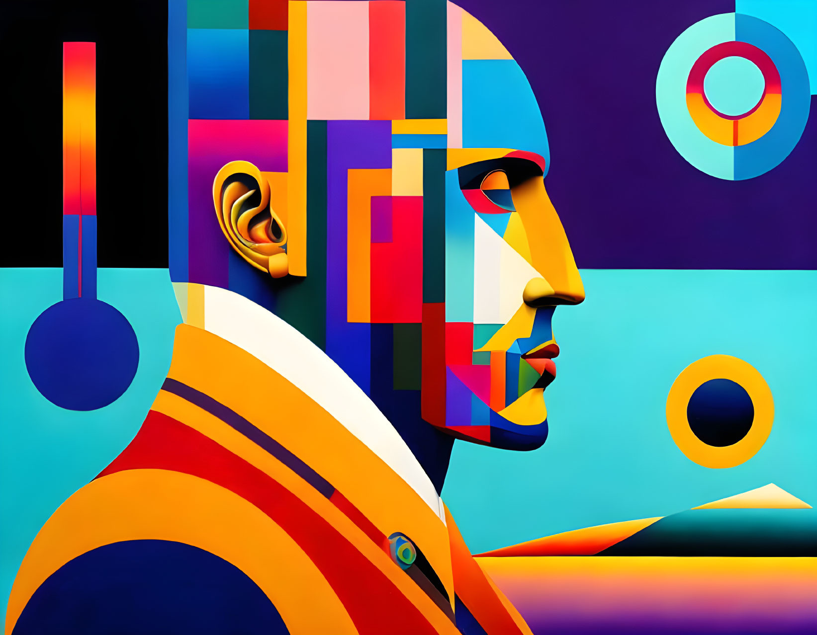 Vibrant abstract geometric portrait with contrasting shapes and vibrant hues