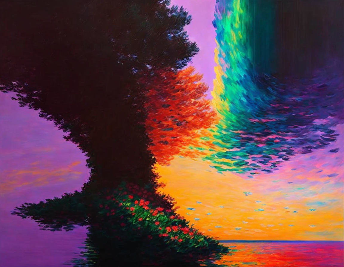 Colorful tree painting with sunset sky and water reflection