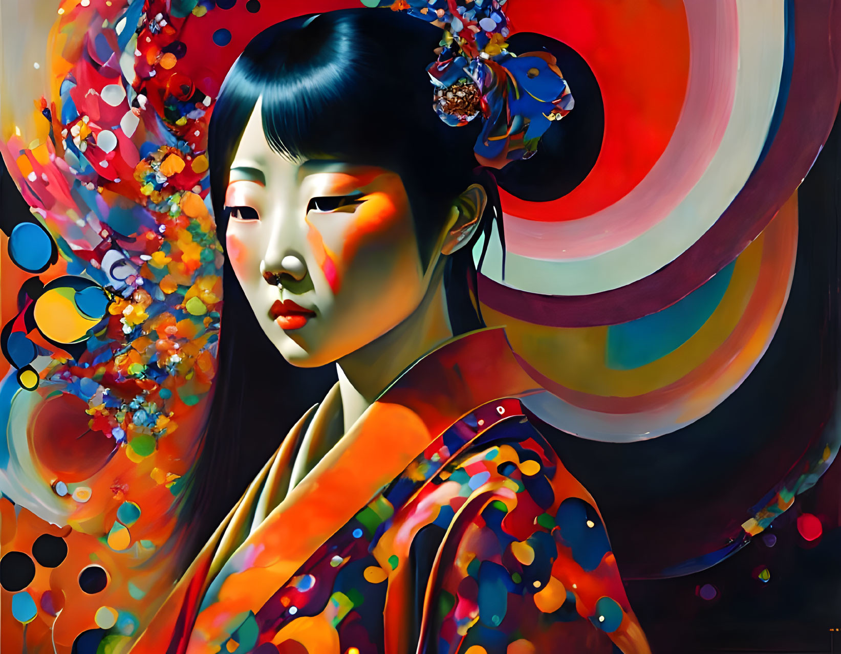 Vibrant digital artwork: Asian woman in traditional attire on colorful abstract background