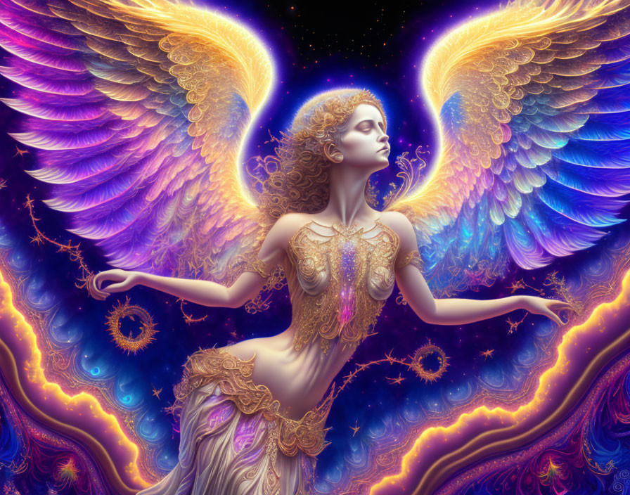 Ethereal being with radiant wings in golden gown against cosmic backdrop