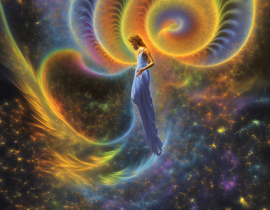 Woman in Blue Dress Floating Among Colorful Cosmic Nebulae