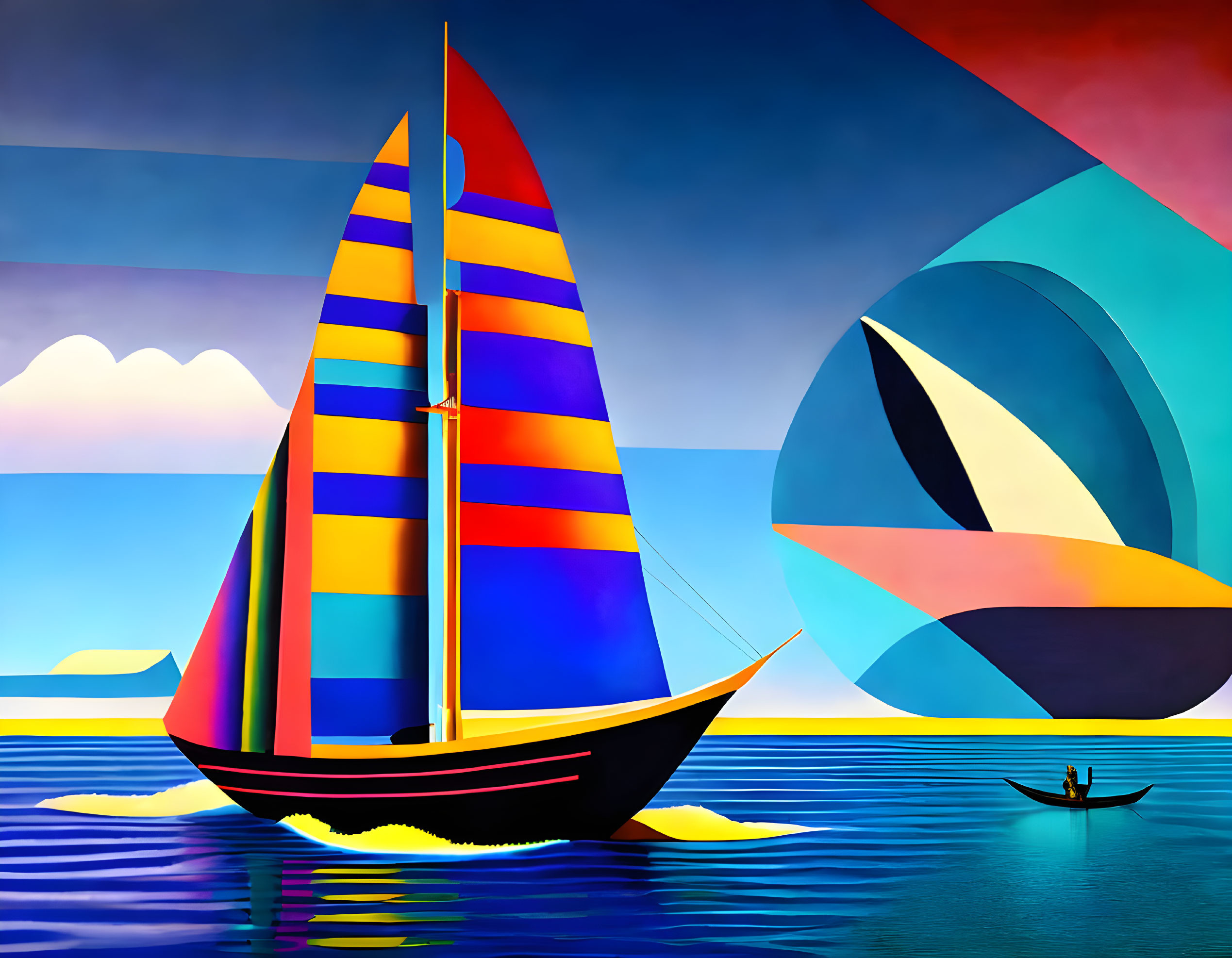 Colorful sailboat painting with abstract sky and smaller boat in the distance