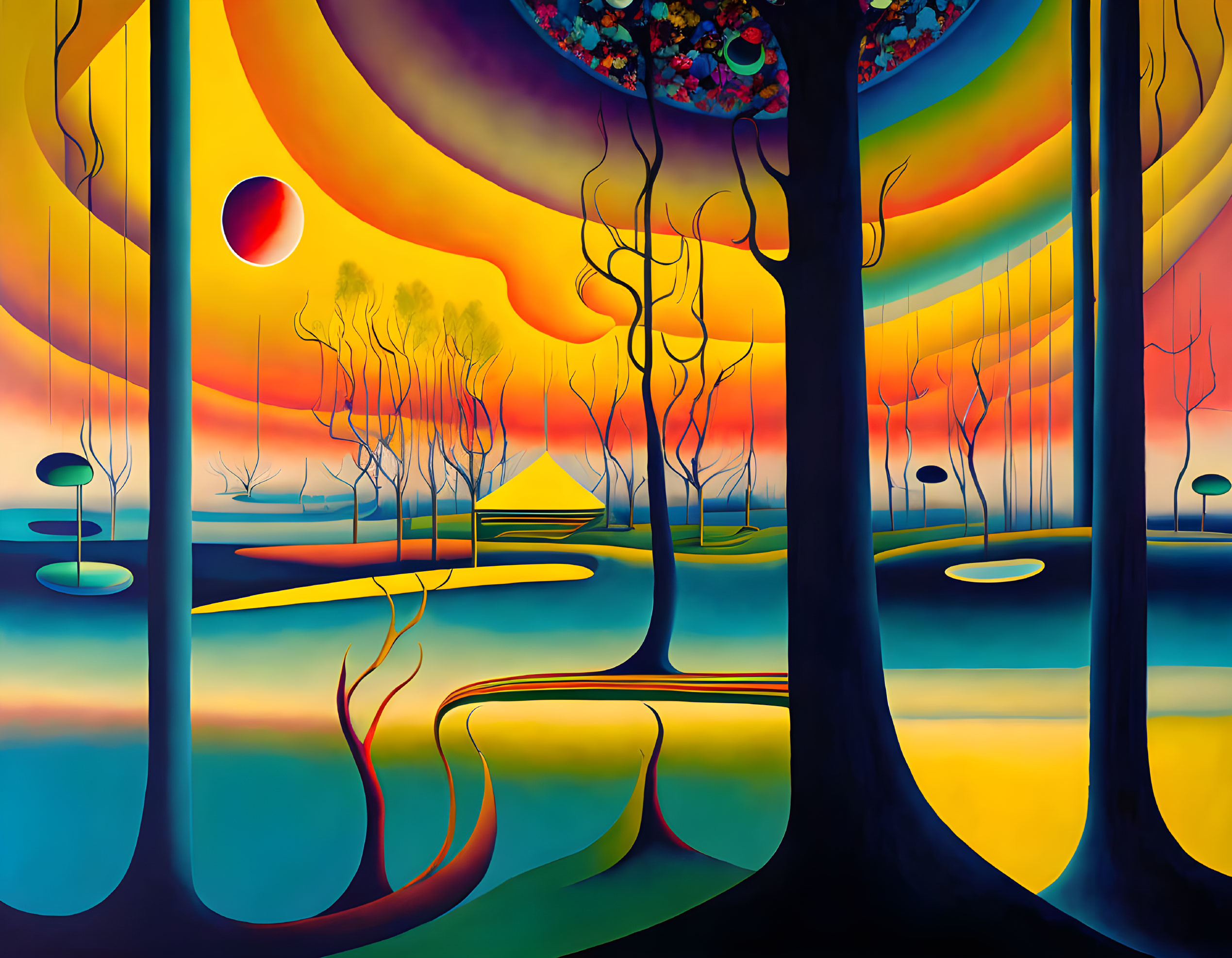 Vibrant surreal landscape with stylized trees and celestial orbs