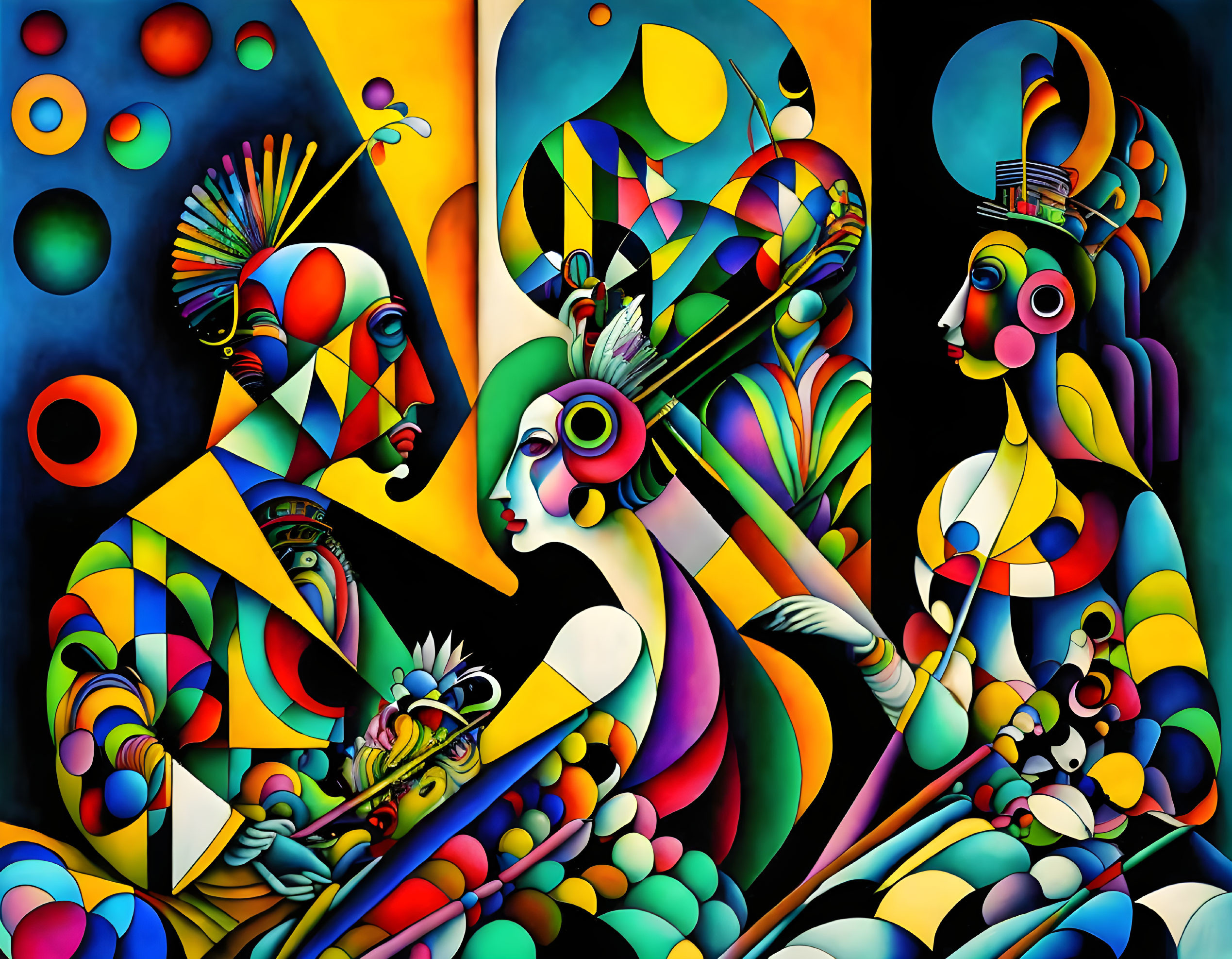 Colorful Abstract Art: Stylized Figures & Geometric Patterns on Dark Background