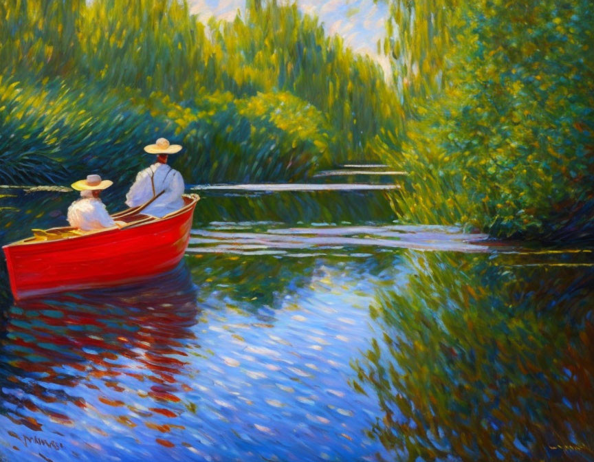 Two people in hats on a peaceful boat ride in serene blue waters.