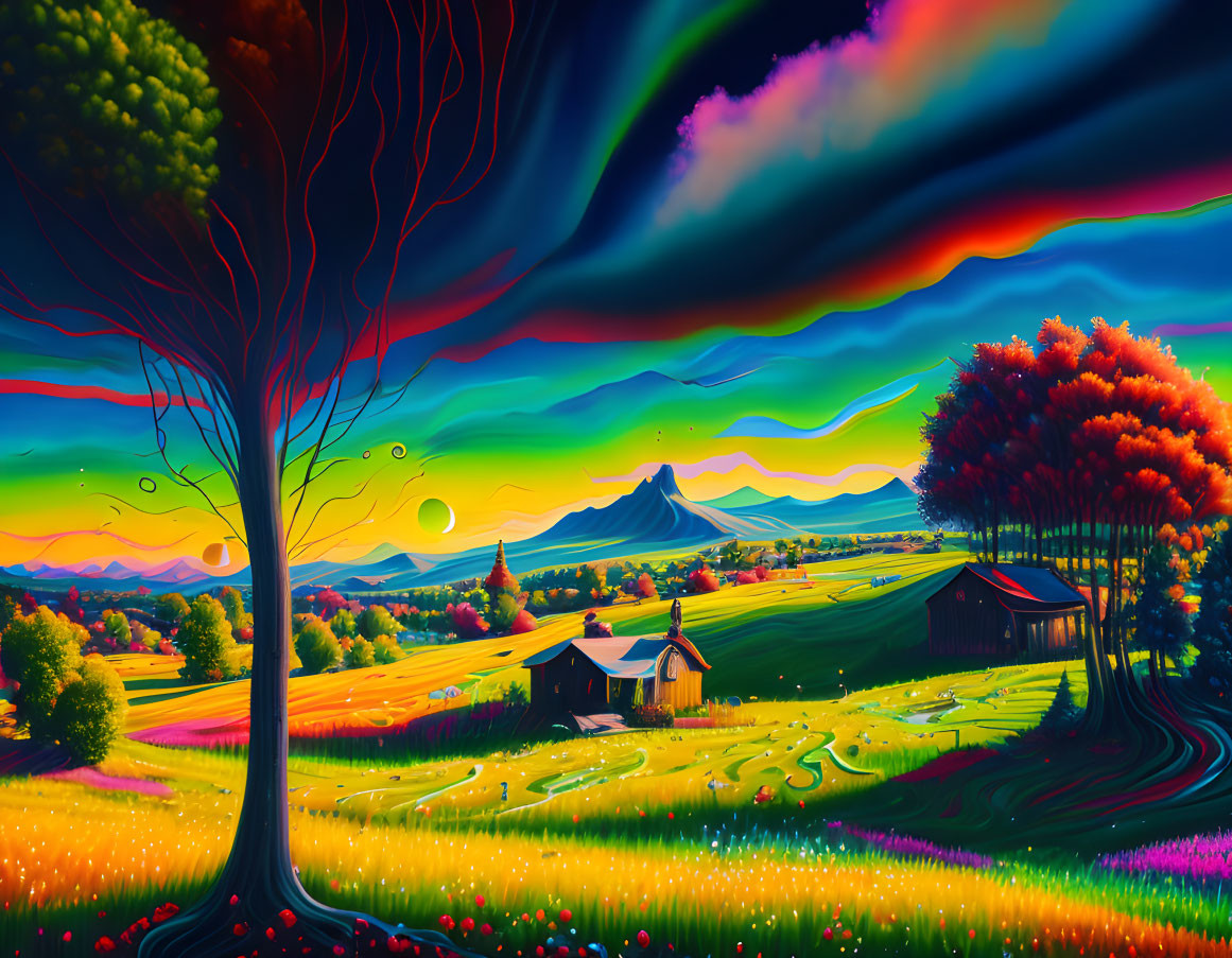 Colorful surreal landscape with trees, mountains, path, and cottage