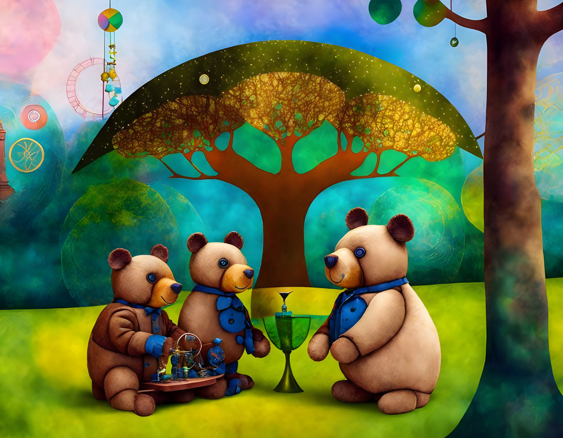 Three cartoon bears in vests enjoying tea and books under a whimsical tree in a colorful landscape