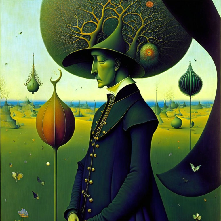 Surreal painting: man with tree hat, dreamlike landscape, floating shapes