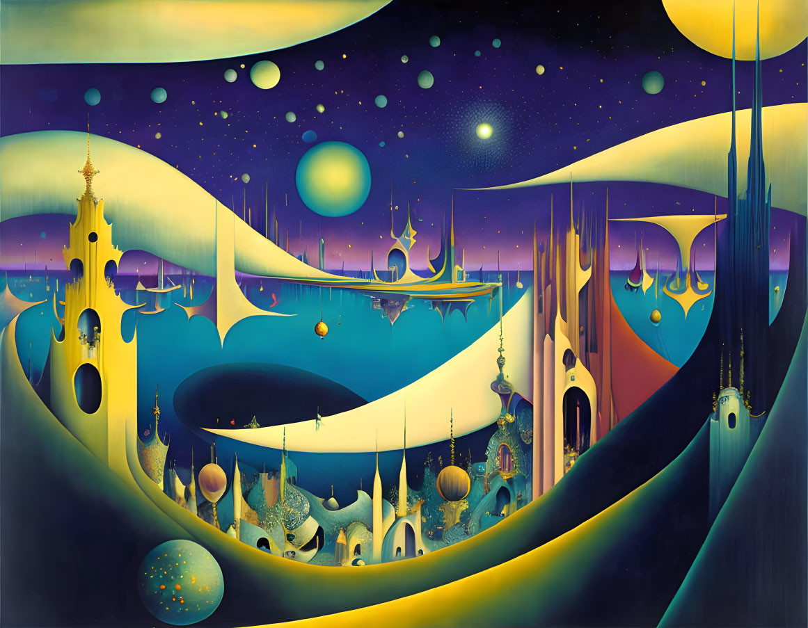 Vibrant surreal landscape with flowing shapes and fantastical architecture