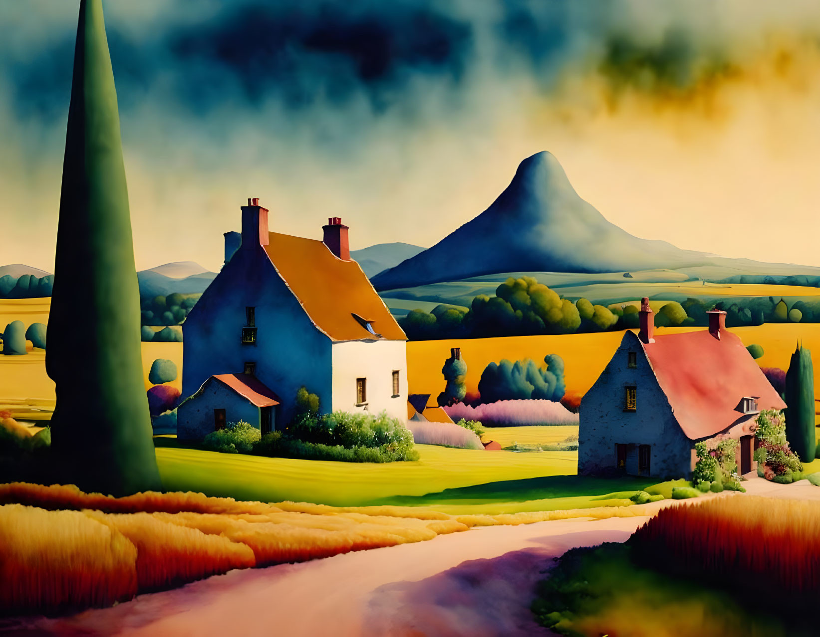 Colorful rural scene painting with houses, hills, mountain, and vibrant sky