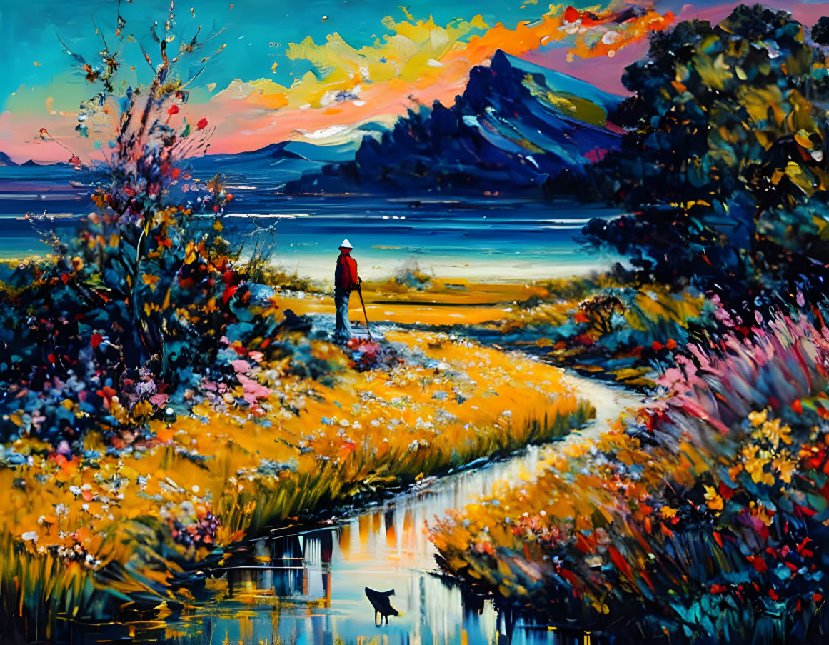 Colorful landscape painting with person by stream, blooming flowers, mountains, sunset sky