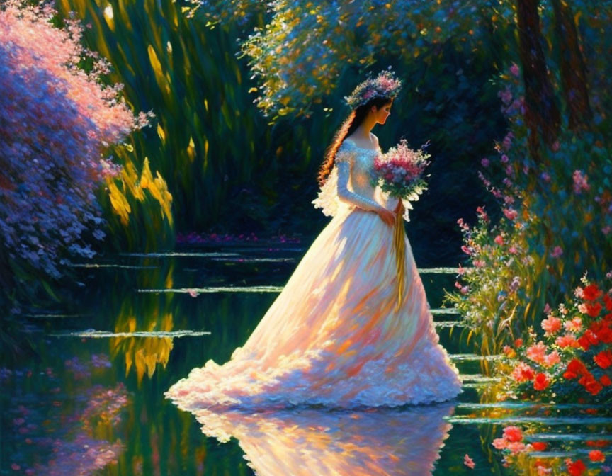 Bride in white gown with bouquet by tranquil pond in lush greenery