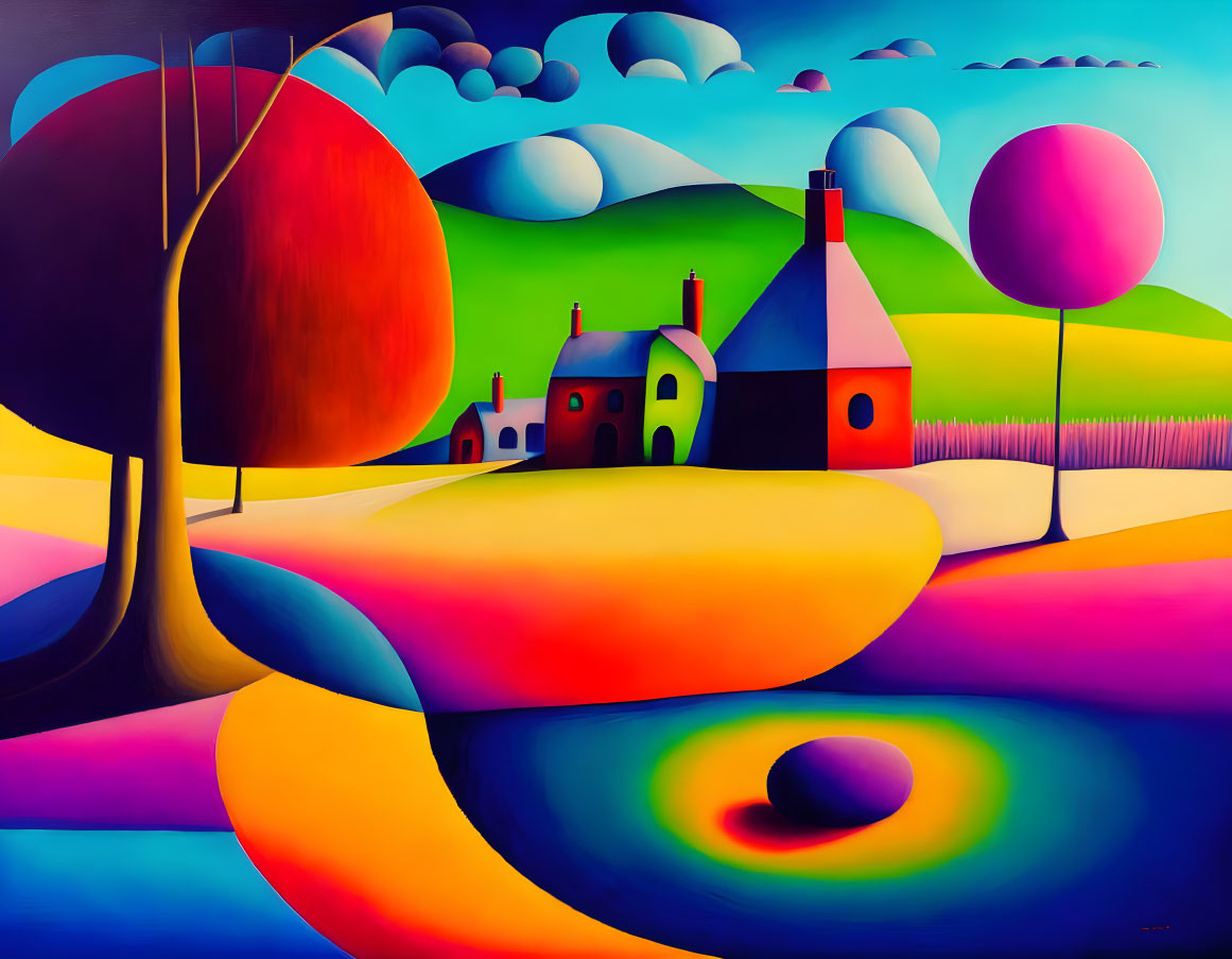 Vibrant Stylized Landscape with Whimsical House and Swirling Patterns