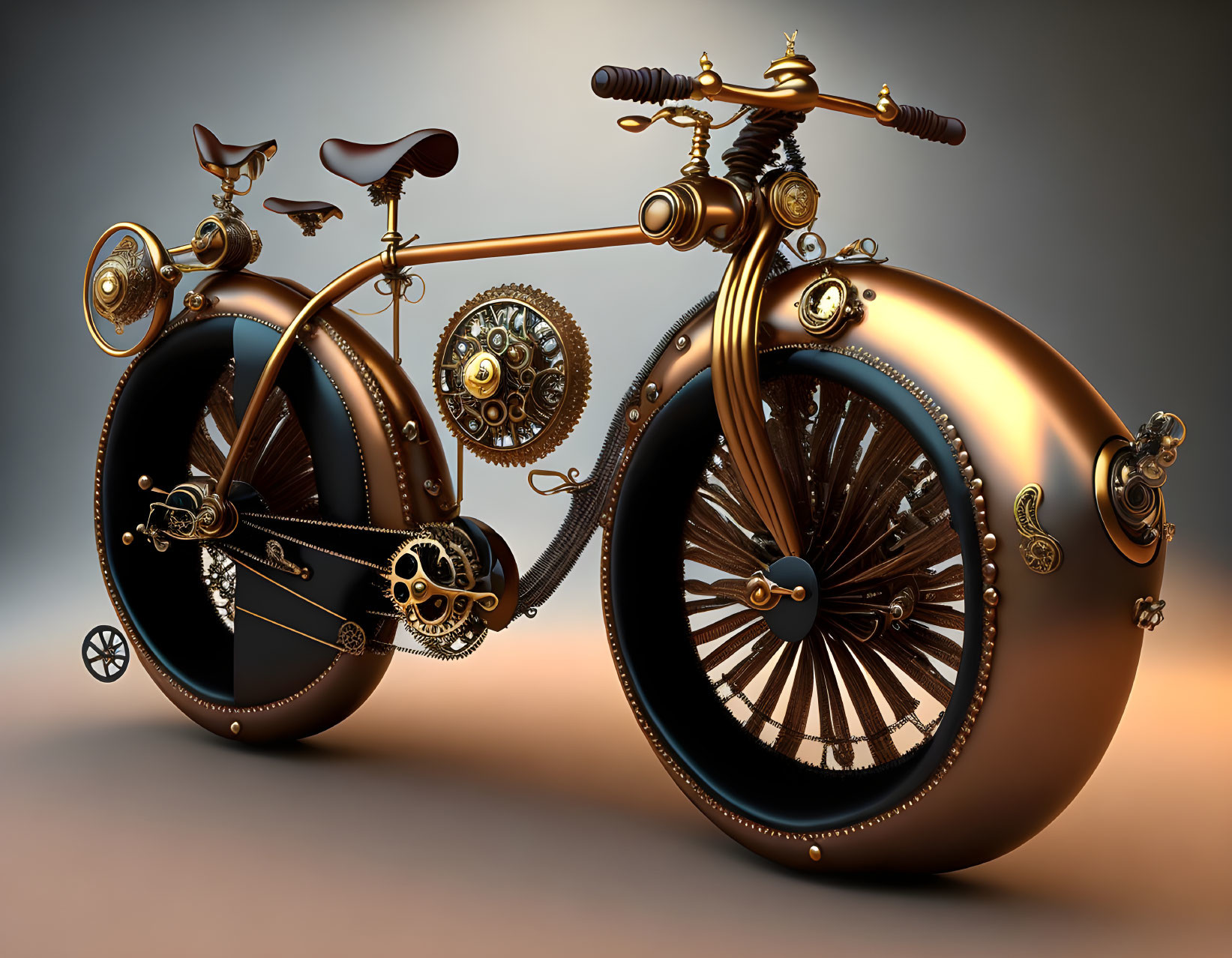 Steampunk-inspired bike with intricate gears and brass accents