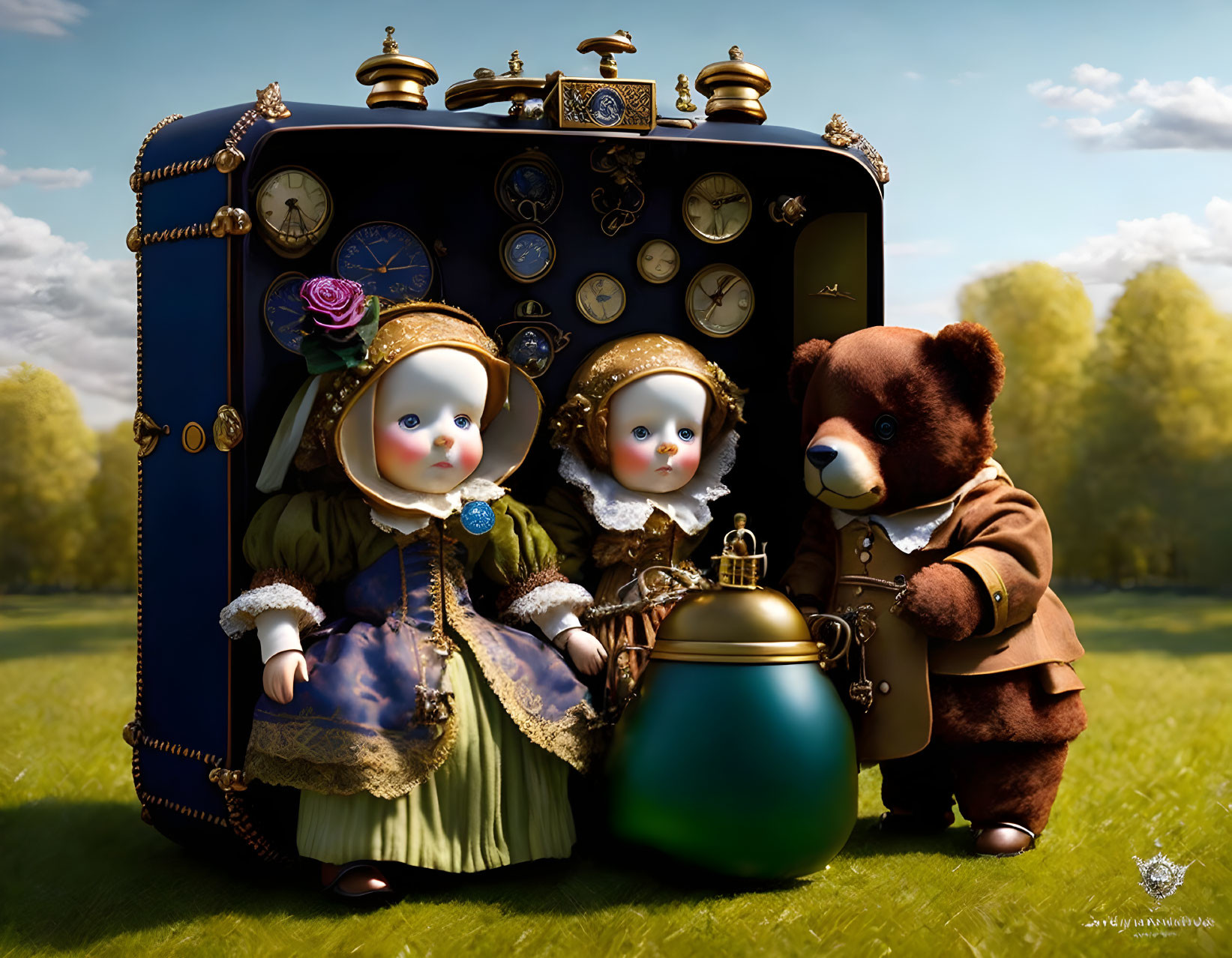 Vintage-style porcelain dolls, teddy bear, and antique music box in grassy field