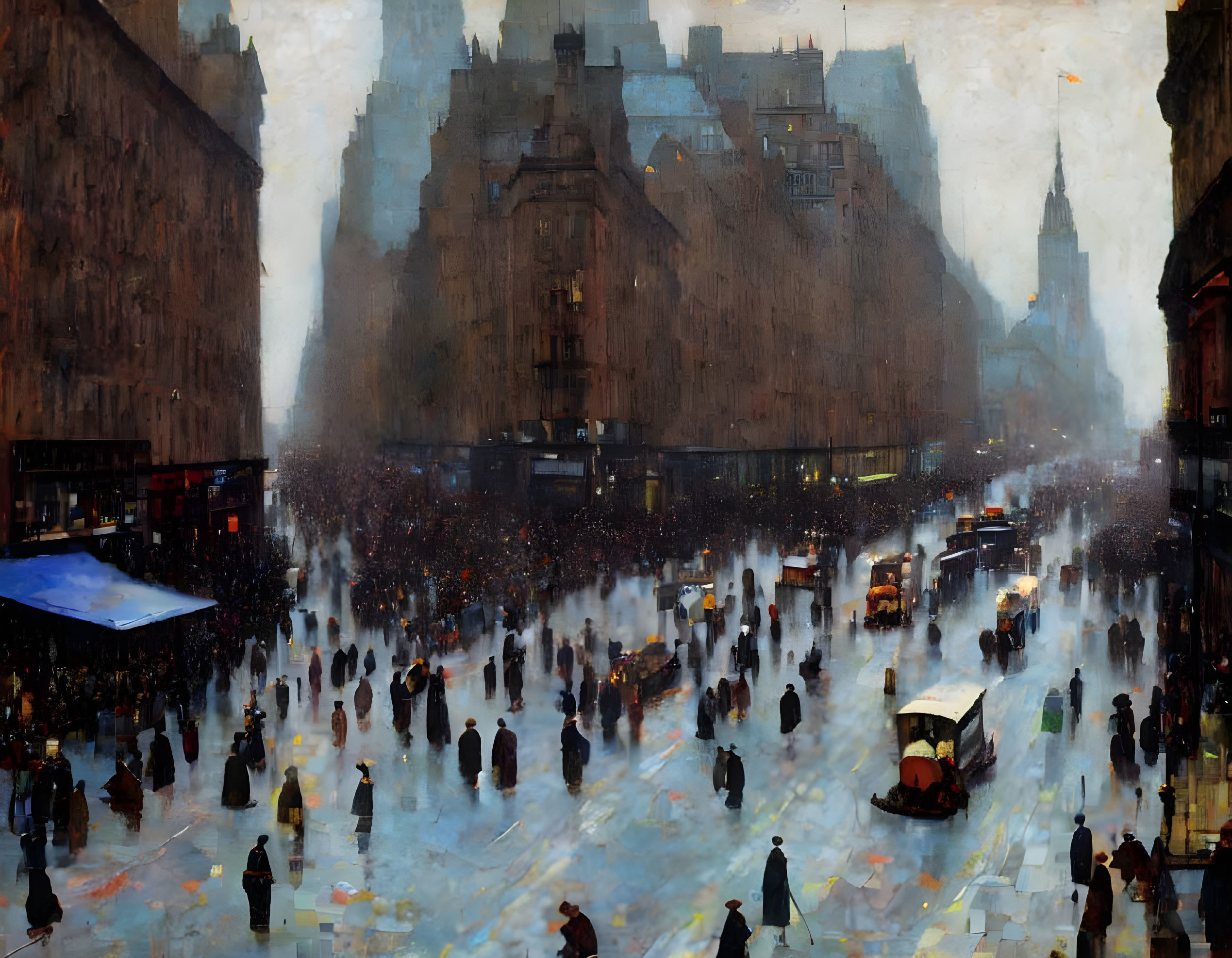 Impressionistic cityscape with crowds, vehicles, and towering buildings