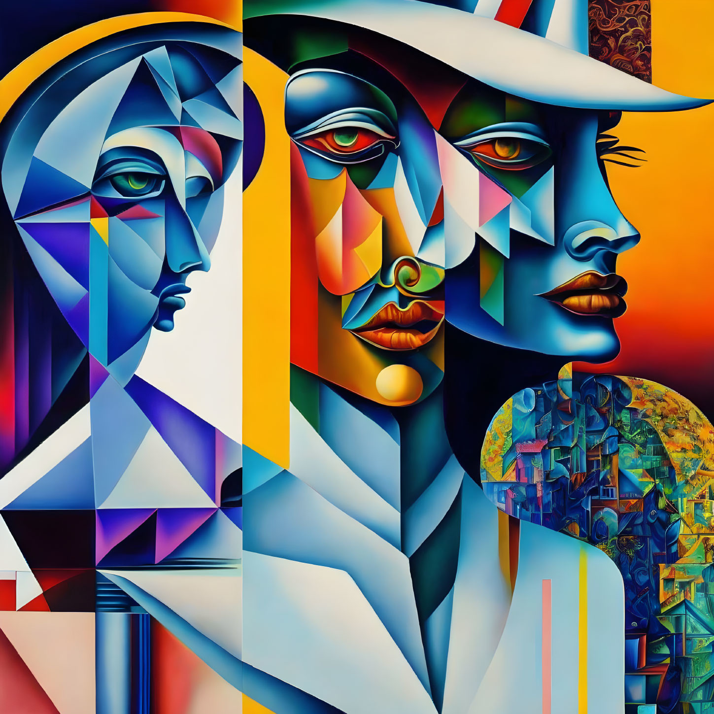 Colorful Cubist-Style Faces with Geometric Shapes and Abstract Elements