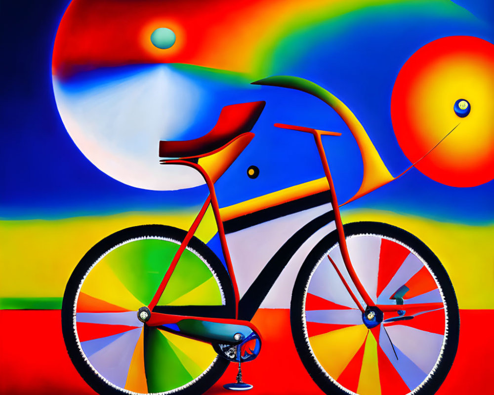 Colorful Abstract Painting: Bicycle, Geometric Shapes, Rainbow, Celestial Background