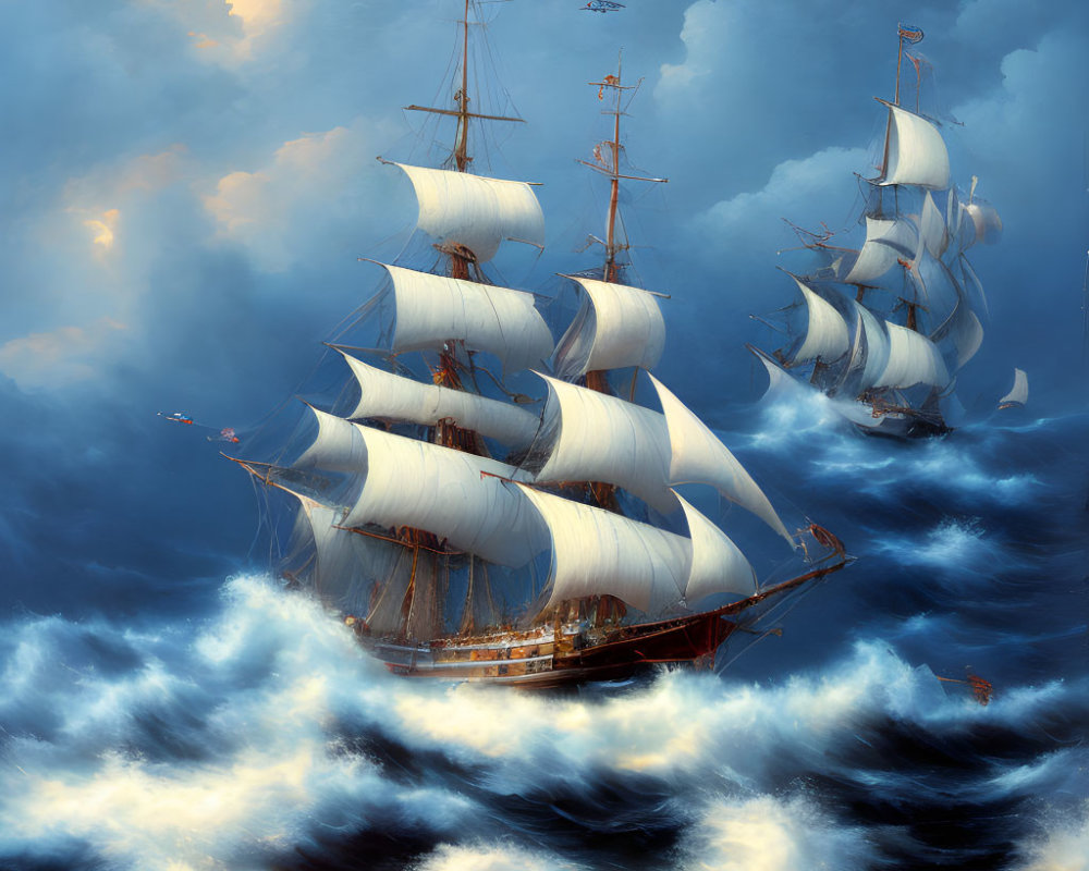 Majestic tall ships with full sails in turbulent ocean under dramatic sky