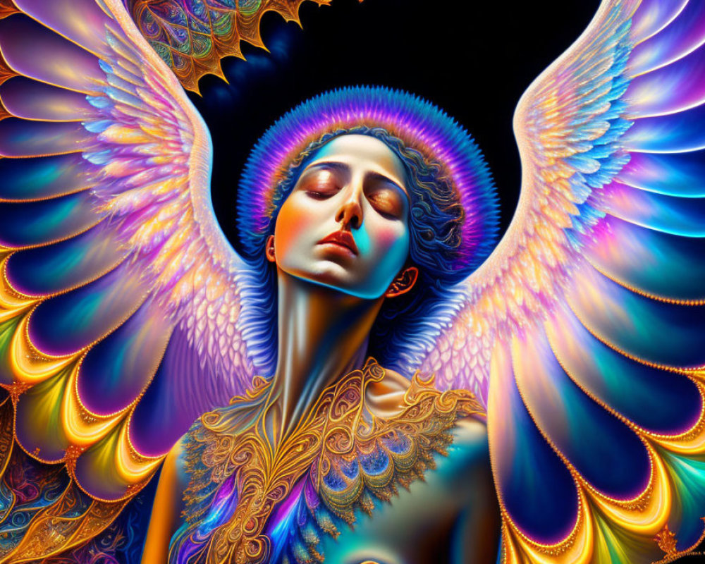 Colorful Artwork Featuring Angelic Figure with Multicolored Wings