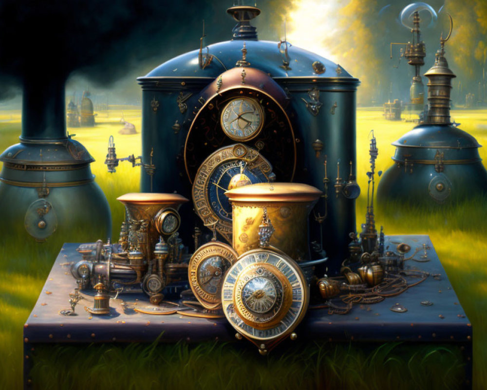 Steampunk artifacts: clocks, teapot, goggles on table with fantastical machines.