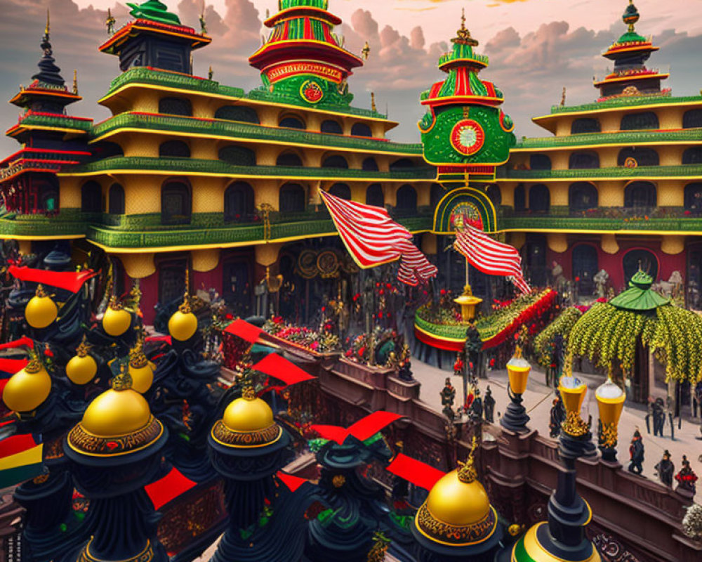 Colorful Pagoda-Style Buildings at Sunset with Ornamental Details