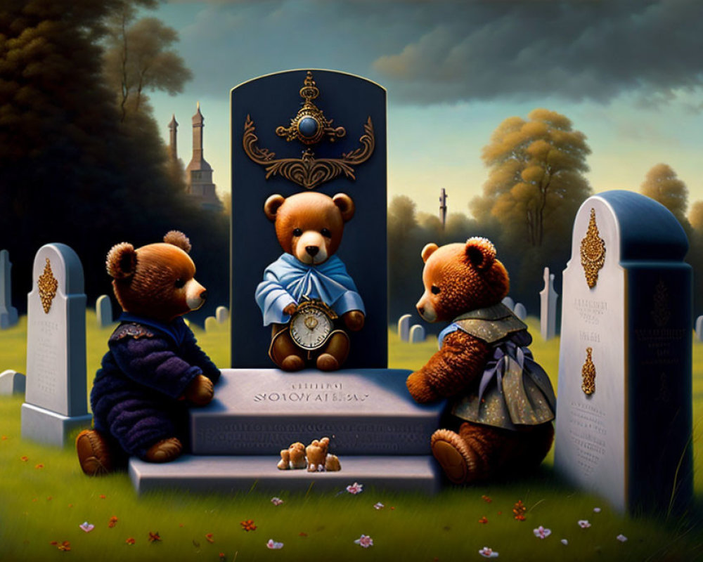 Three Teddy Bears at Grave with Clock and Tombstones in Eerie Setting