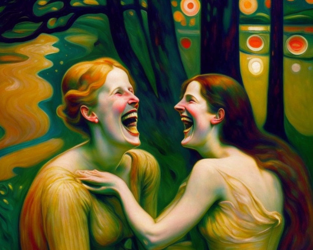 Two Women Laughing in Yellow Dresses Amid Vibrant Nature Backdrop