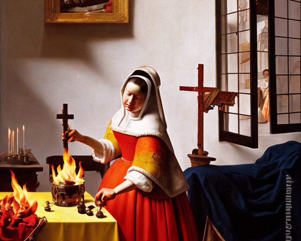 17th-Century Style Painting of Nun Making Potion with Crucifix and Background Scenes