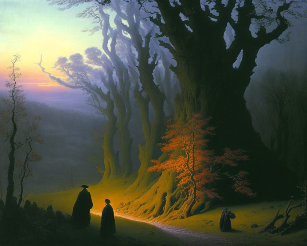 Serene forest painting at dawn with towering trees and silhouettes of people in cloaks