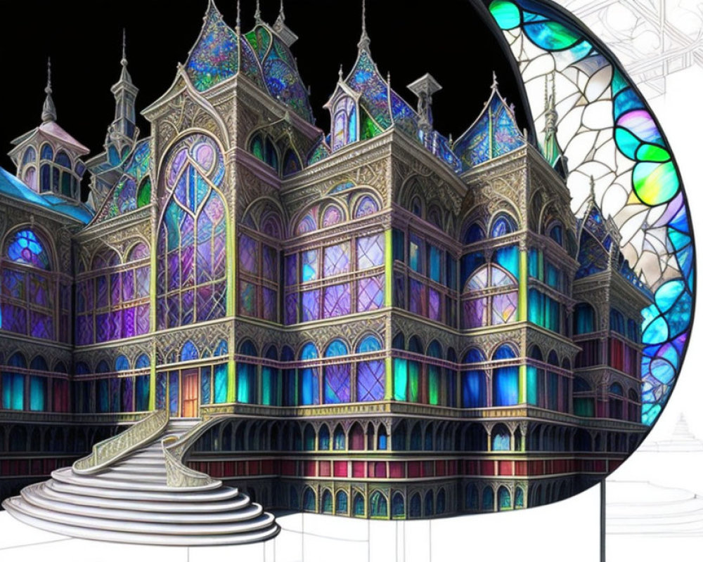 Fantastical multi-storied building with stained glass windows and ornate spires magnified.