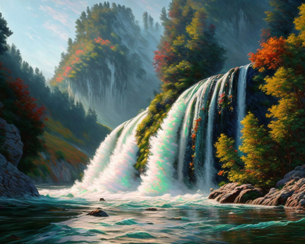 Scenic waterfall in autumn forest with glowing sunlight