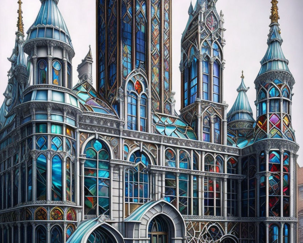 Fantastical building with blue spires and Gothic architecture