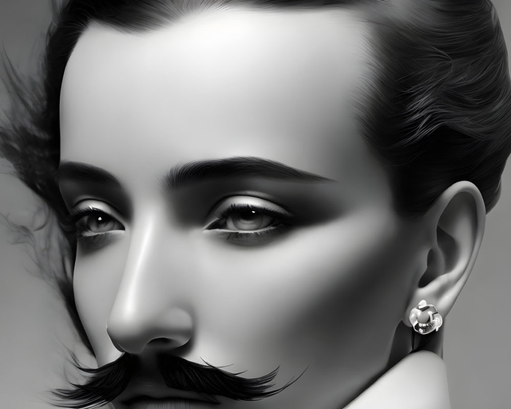 Close-up monochromatic portrait of person with styled mustache, clear skin, and earring.