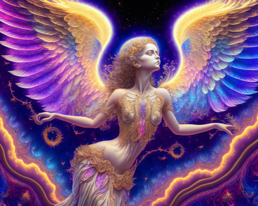 Ethereal being with radiant wings in golden gown against cosmic backdrop