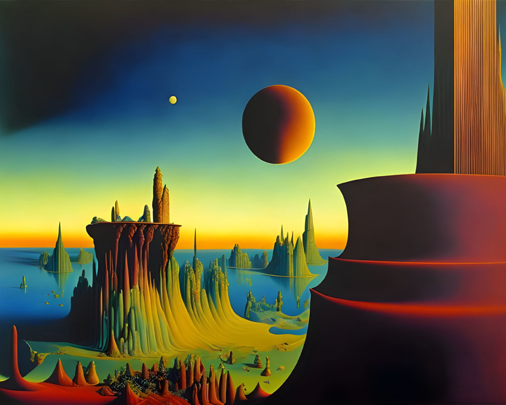 Vibrant Surrealist Landscape with Floating Orbs and Dripping Structures