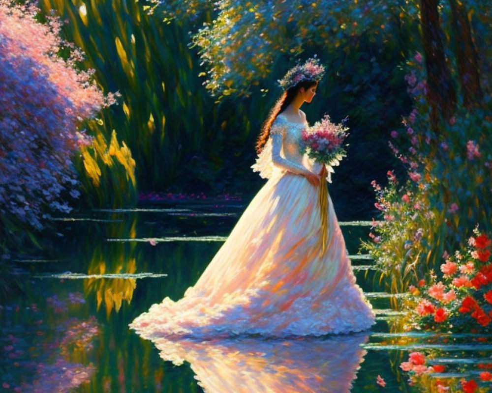 Bride in white gown with bouquet by tranquil pond in lush greenery