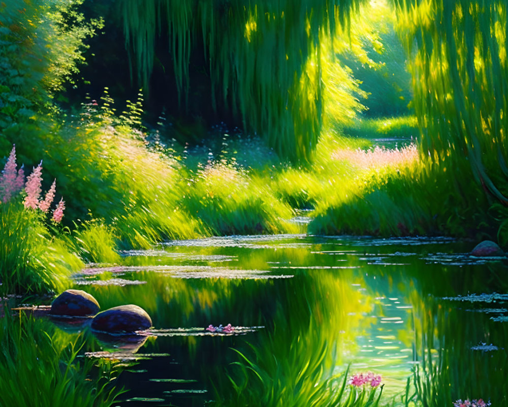 Tranquil creek in lush green landscape with sunlight and wildflowers