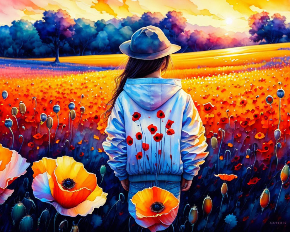 Person standing in vibrant poppy field at sunset with trees on horizon