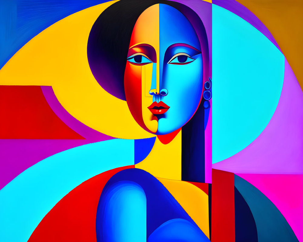 Colorful Abstract Painting of Stylized Woman's Face with Geometric Shapes